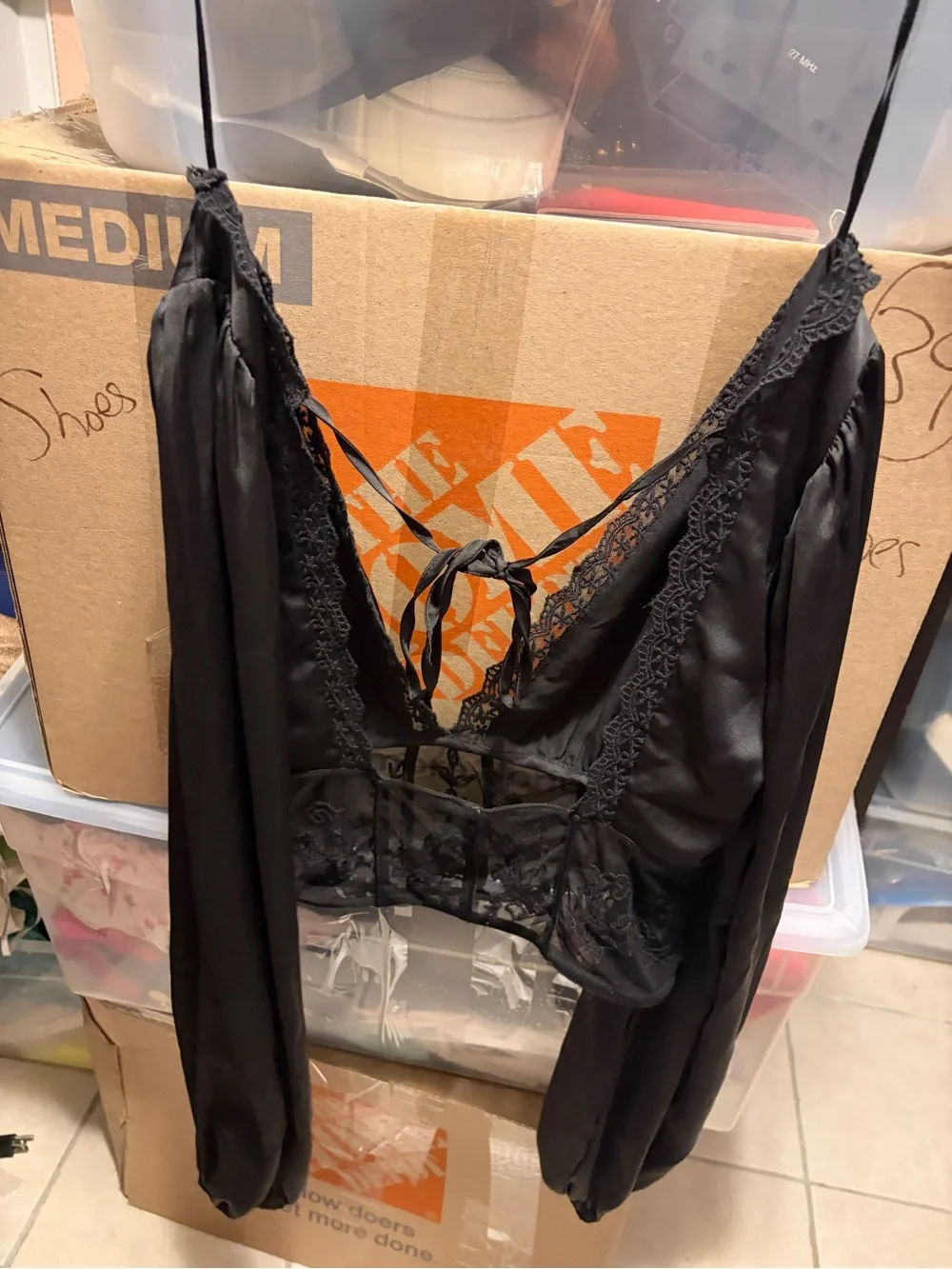Zara Black Satin Top with Floral Mesh Trim